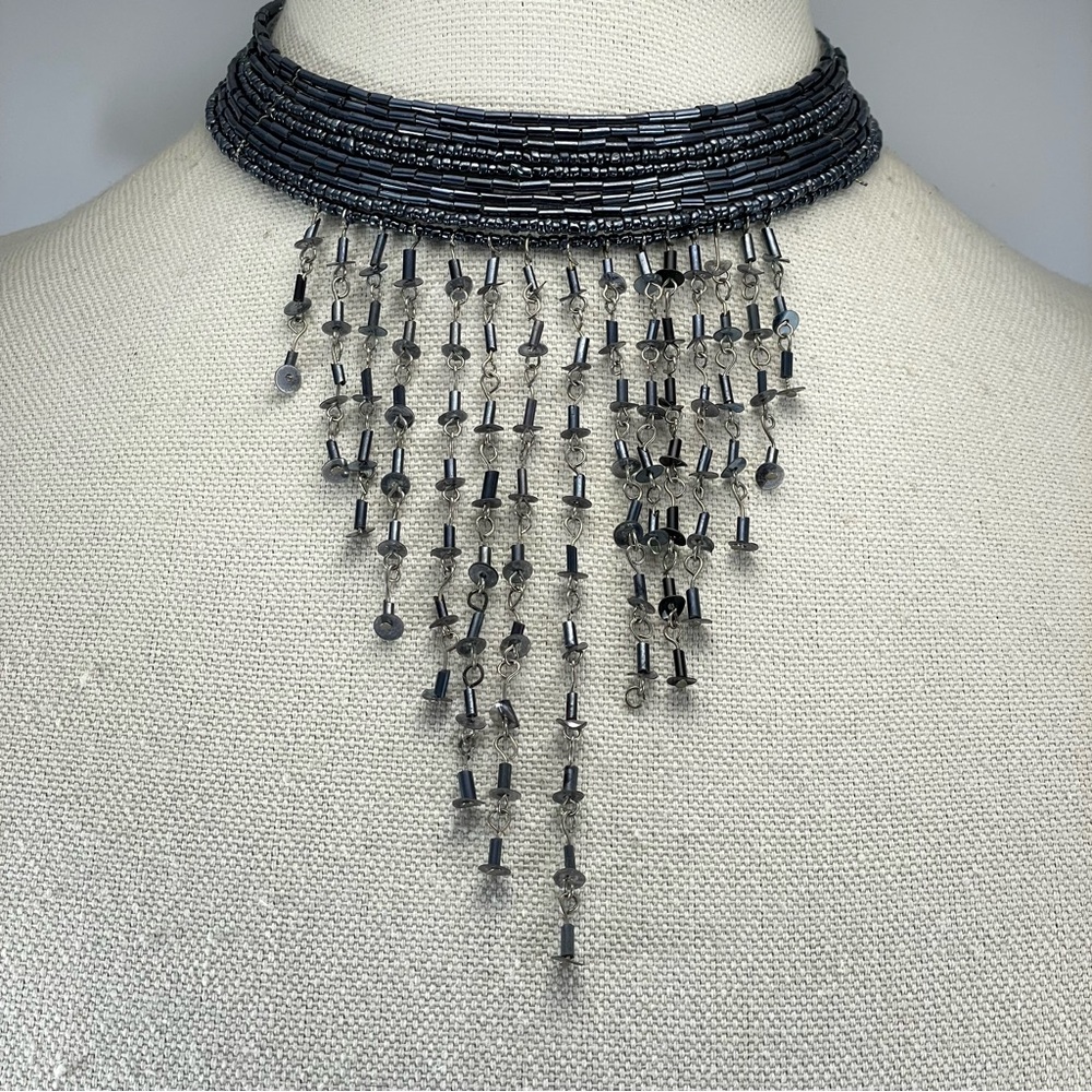 Trendy Gothic Choker Waterfall Black Gray Glass Beaded Statement Necklace